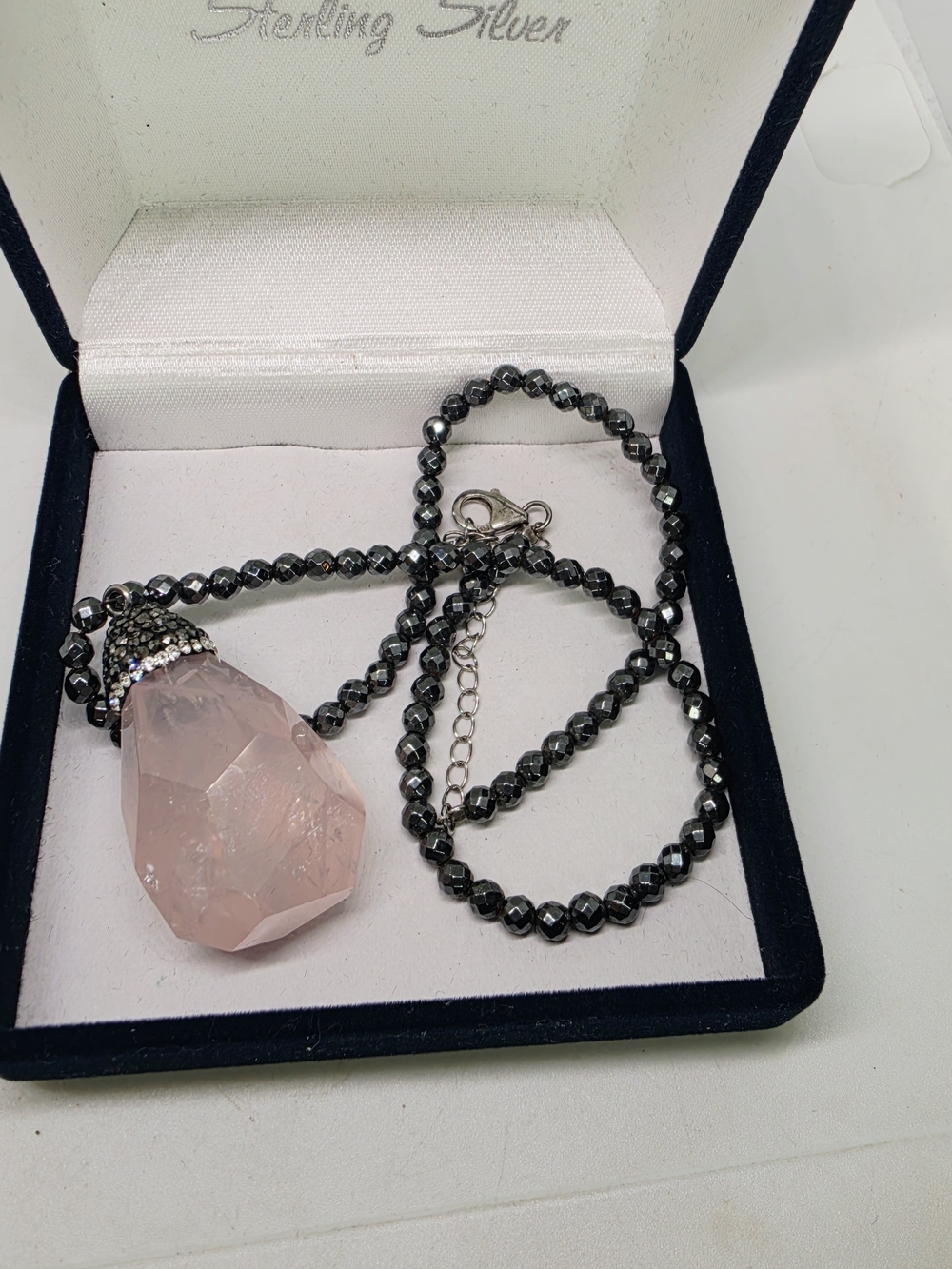 925 Sterling Silver Rose Quartz Stone Pendant Hematite Bead Necklace Vtg In Box